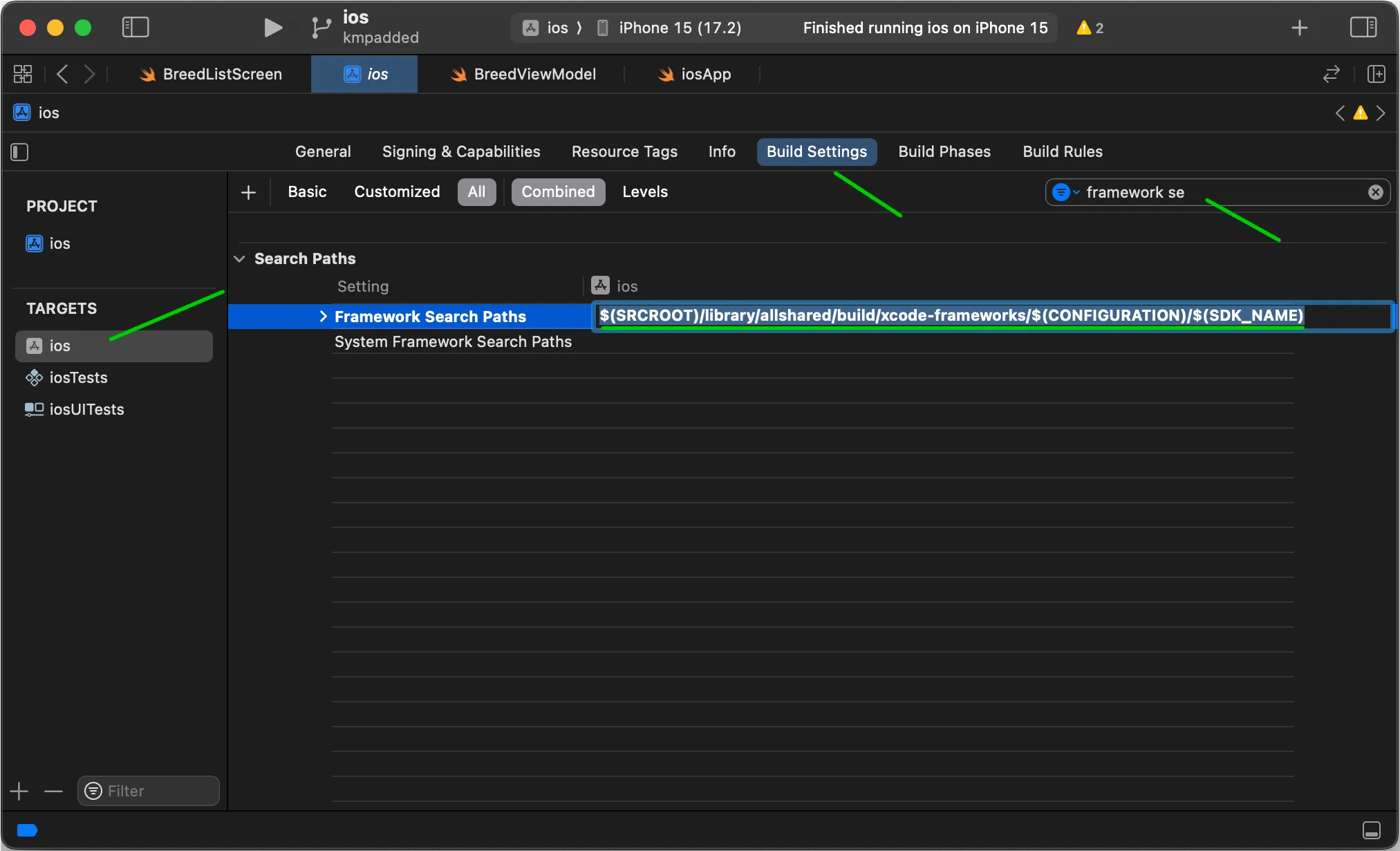 Screenshot of Xcode Framework Search Paths