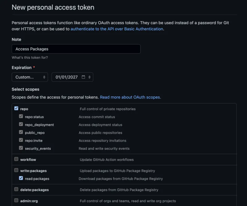 Screenshot of creating a  new personal access token