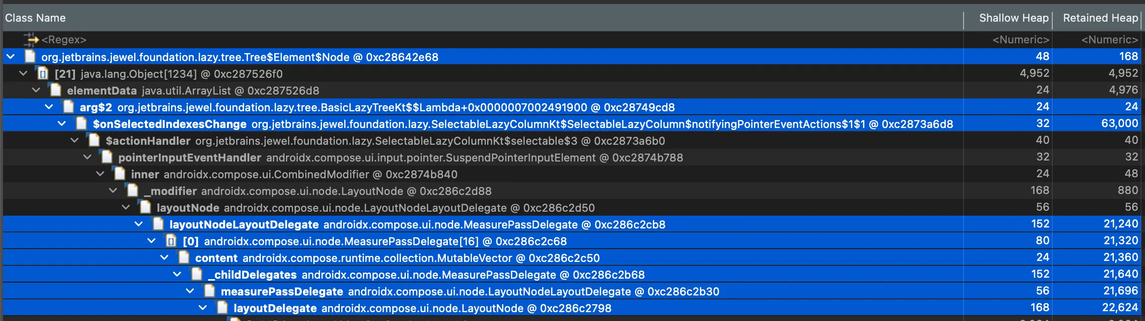 A screenshot of the histogram list after the code change