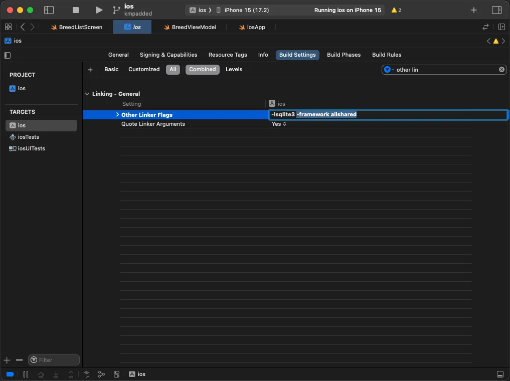 Screenshot of Other Linker Flags